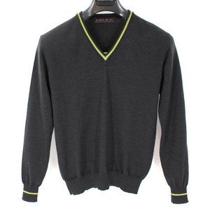Etro Grey Wool Sweater Lime Green Trim V-Neck Leather Paisley Elbow Patches S